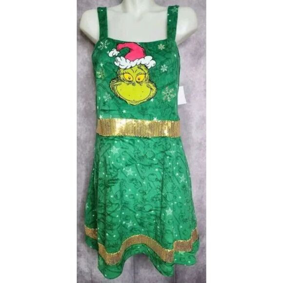 SOLD SOLD Green Sz Medium Soft Velour Sleeveless GRINCH Christmas Holiday Dress - Picture 4 of 7